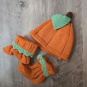 Orange and Green Knit Pumpkin Hat and Booties Set